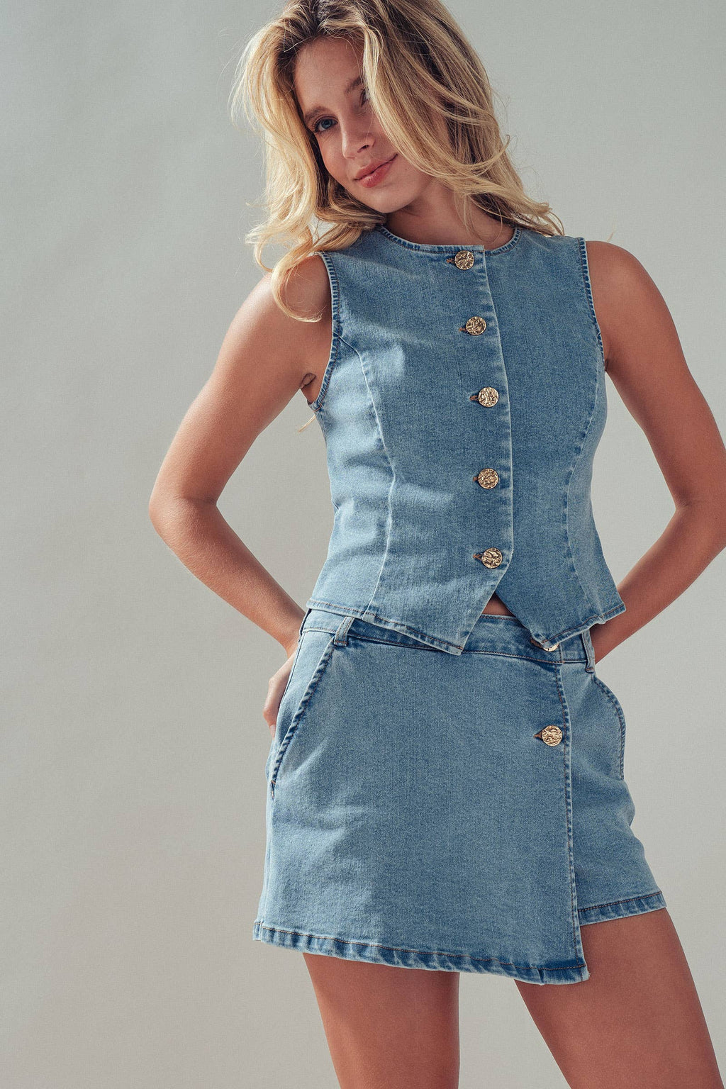 Gold Button Front Denim Skort