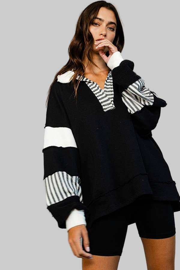 French Terry Knit Color-block Collared Loose Fit Top