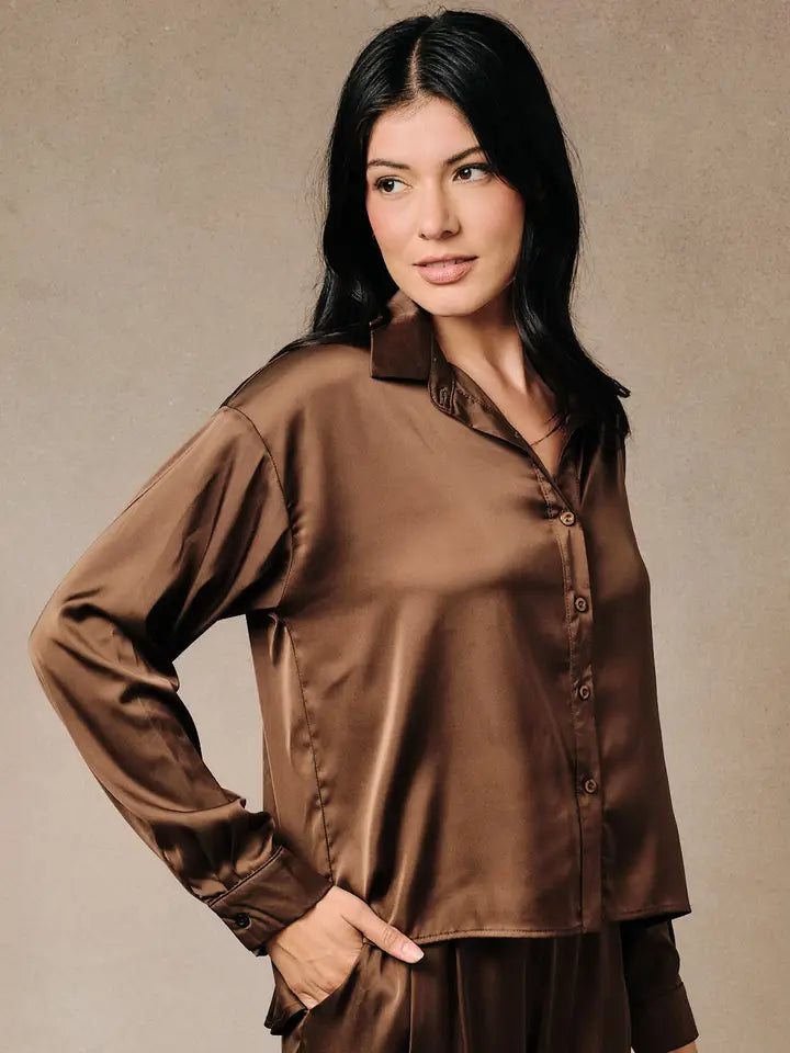 Satin Shirt Collar High-Low Button Down Top