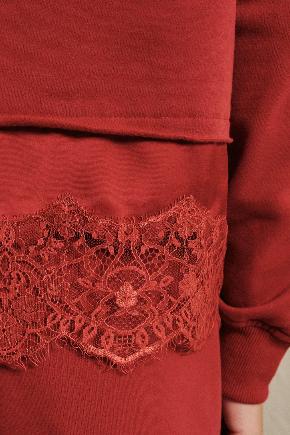 Round Neck Lace Trimmed Hem L/S Sweatshirt