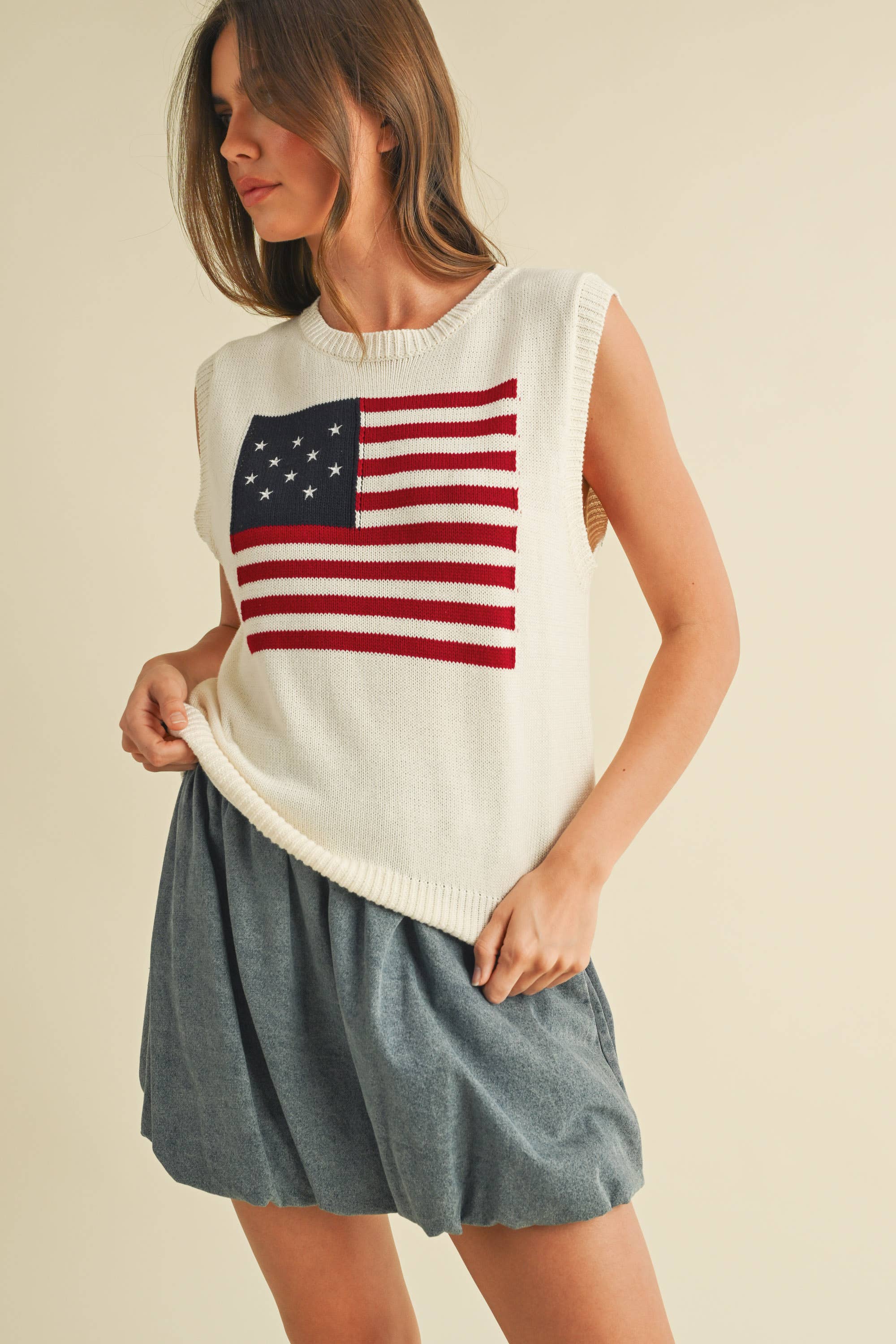 USA FLAG SLEVELESS KNIT PULLOVER SWEATER