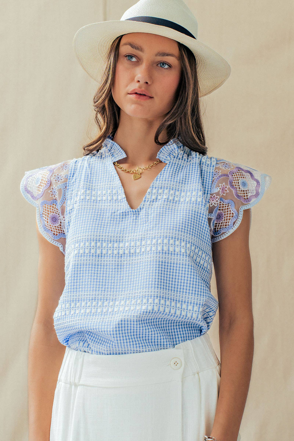 Gingham Lace Flutter Sleeve