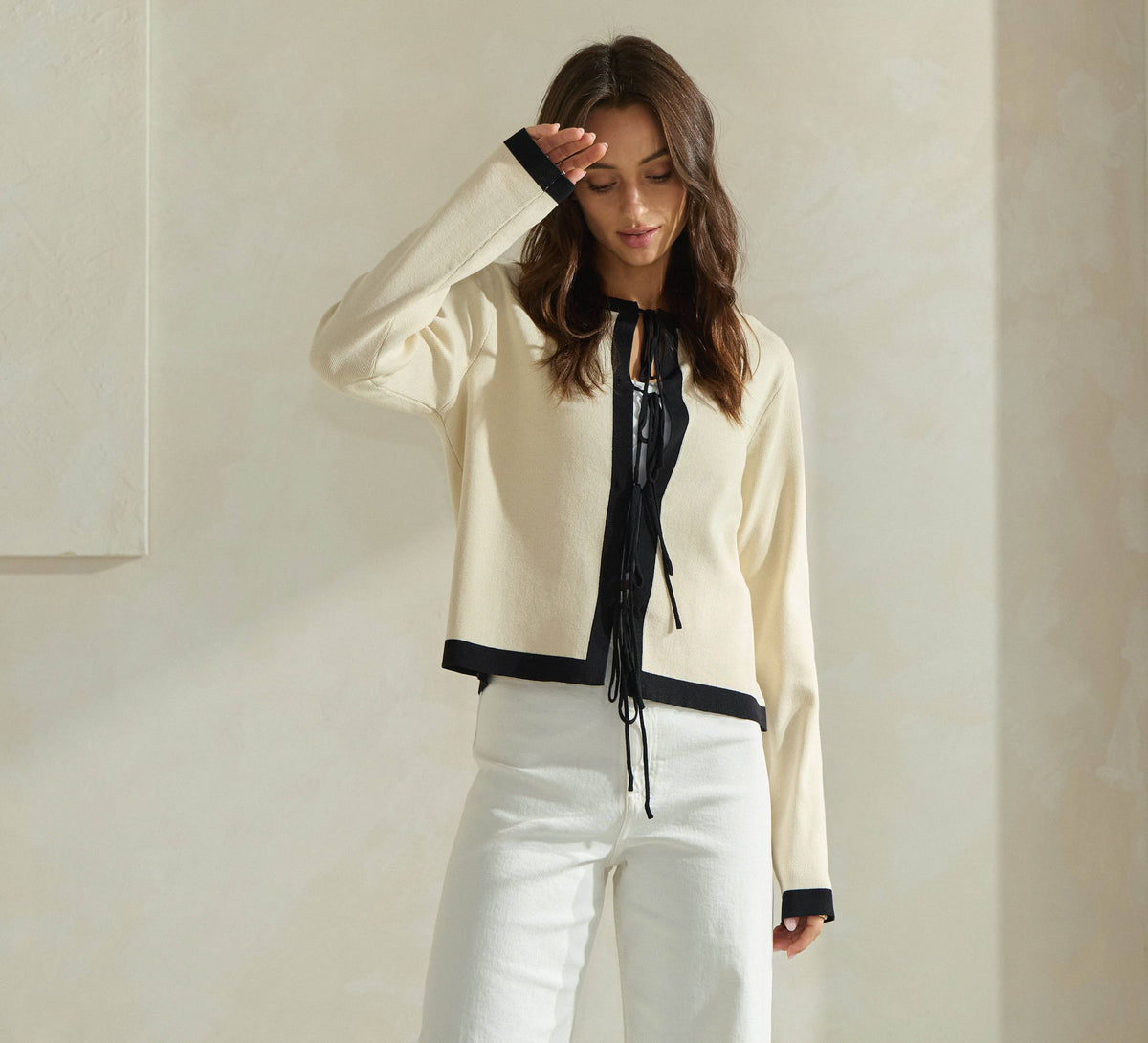 Contrast Trim Tie-front Cardigan