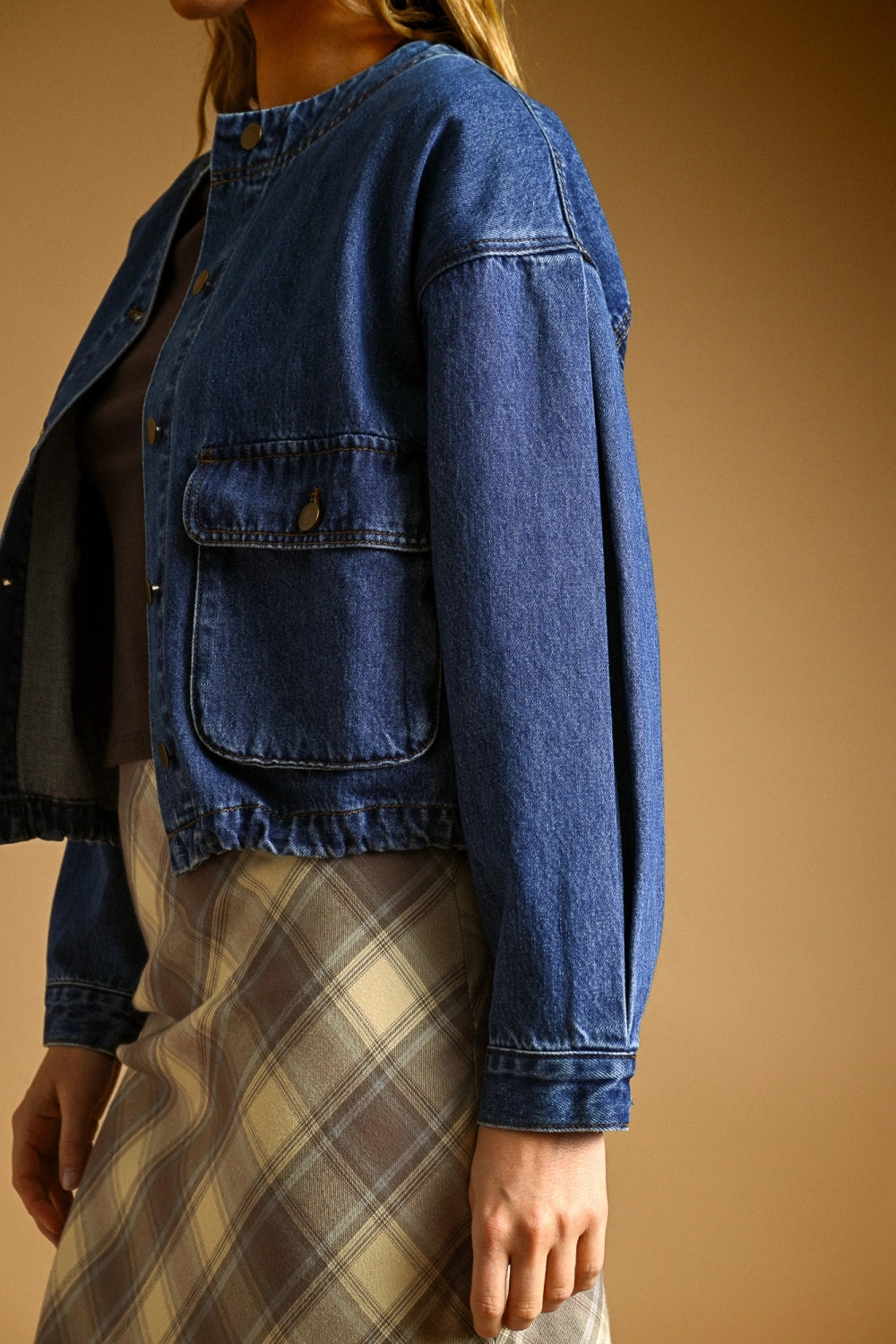 Round Neck w/Pocket Front Denim Jacket