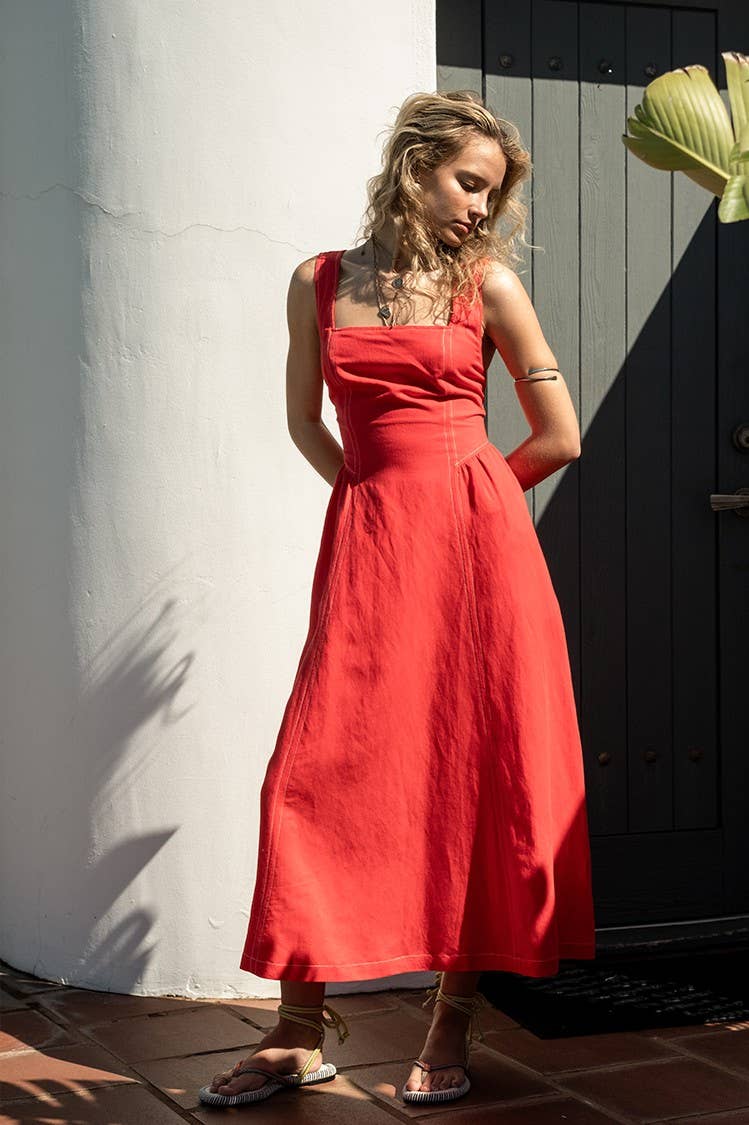 Linen Contrast Stitch Midi Dress