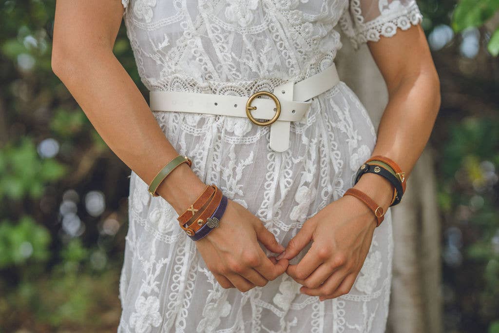 Brass-Toned Circle Buckle Leather Belt