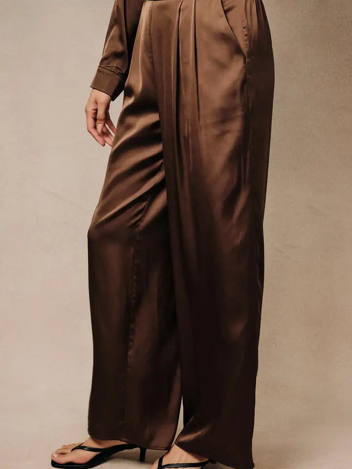 High Waist Satin Elastic Band Pleated Wide Leg Pants
