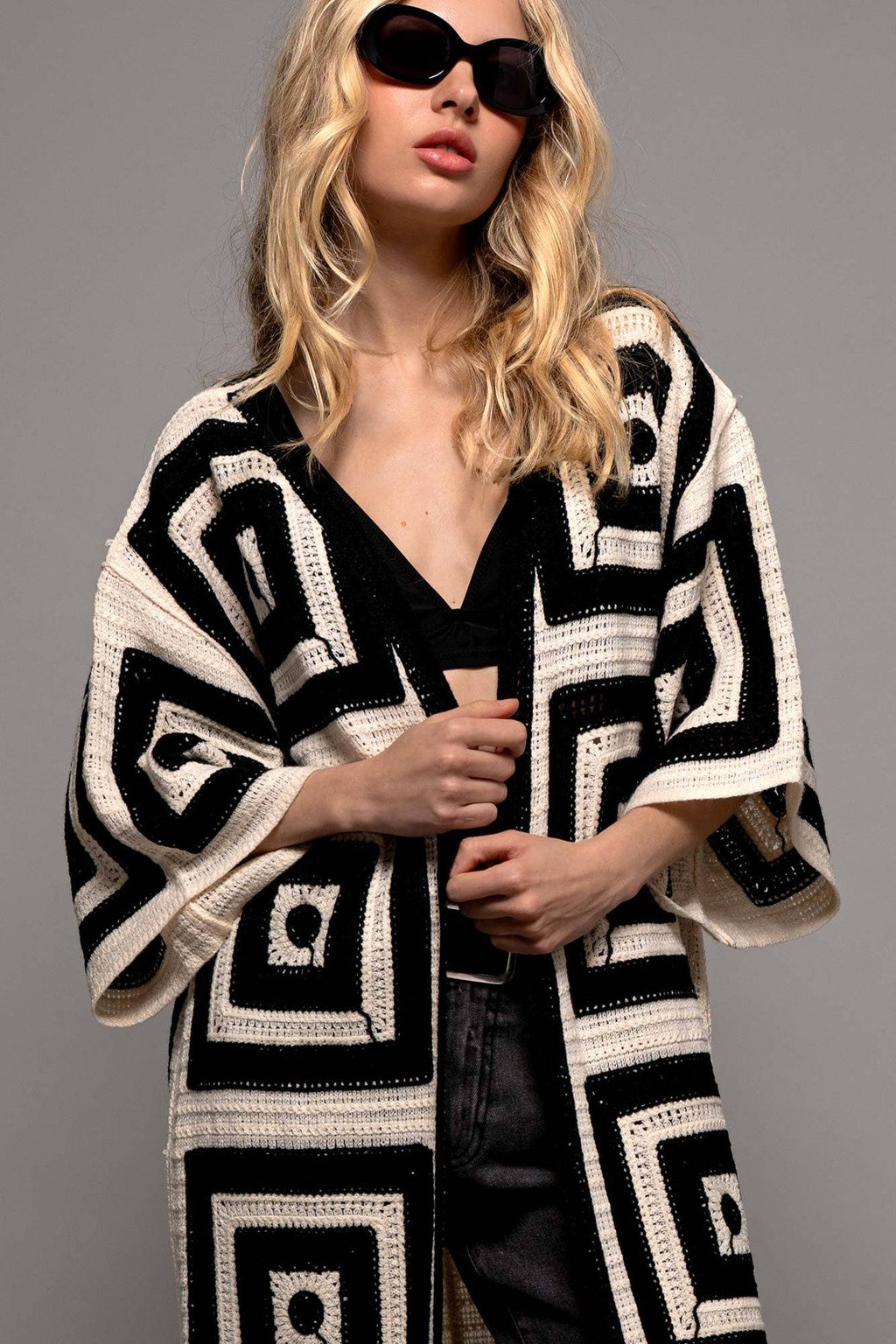 Geometric Crochet Midi Length Open Front Cardigan