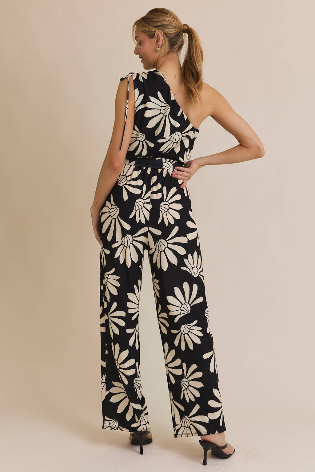One Shoulder Waiste Tie Wide Leg Floral Print Jumpsuit