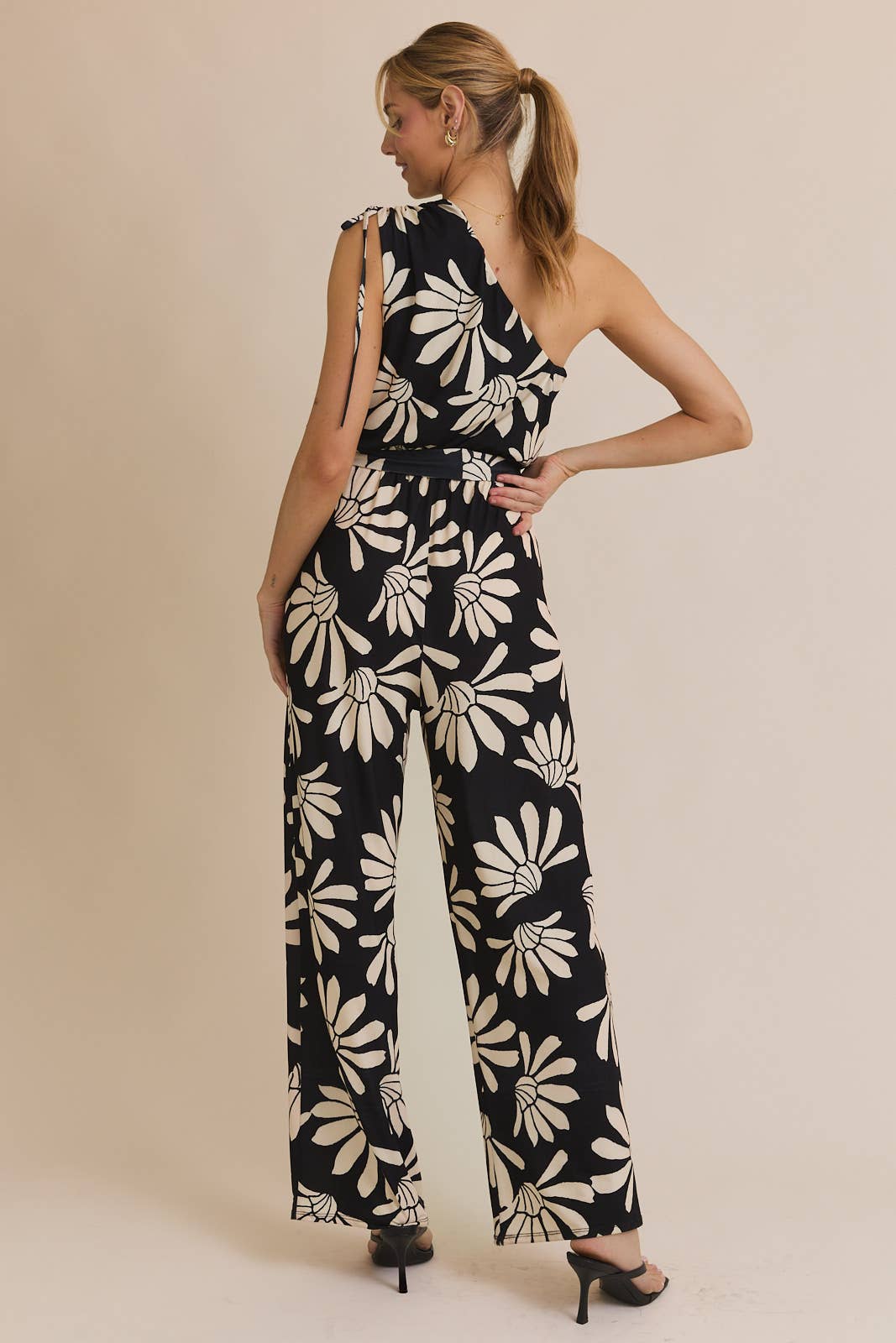 One Shoulder Waiste Tie Wide Leg Floral Print Jumpsuit