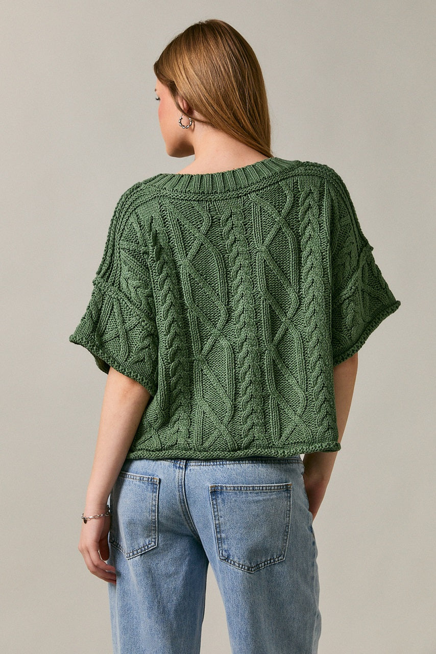 Cable Knit Short Sleeve Crew Neck Sweater Top