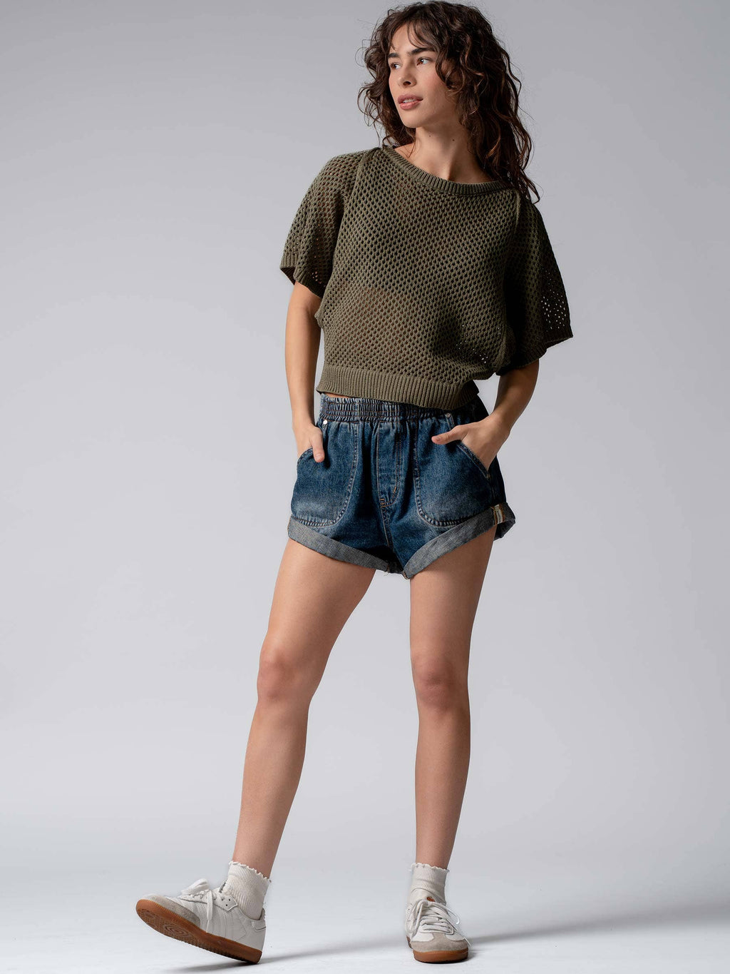 Spring Elastic Waist Cuffed Print Shorts