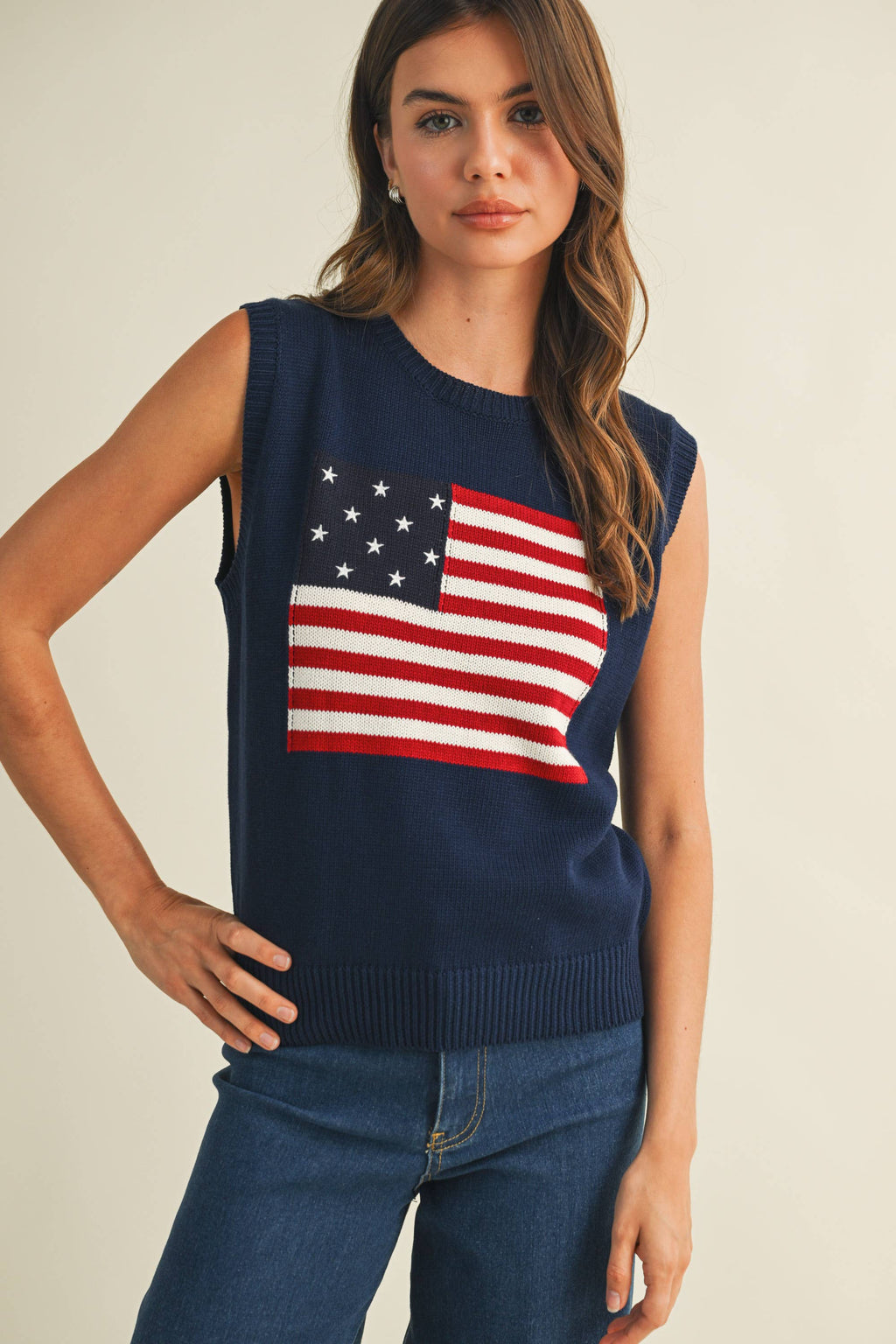 USA FLAG SLEVELESS KNIT PULLOVER SWEATER