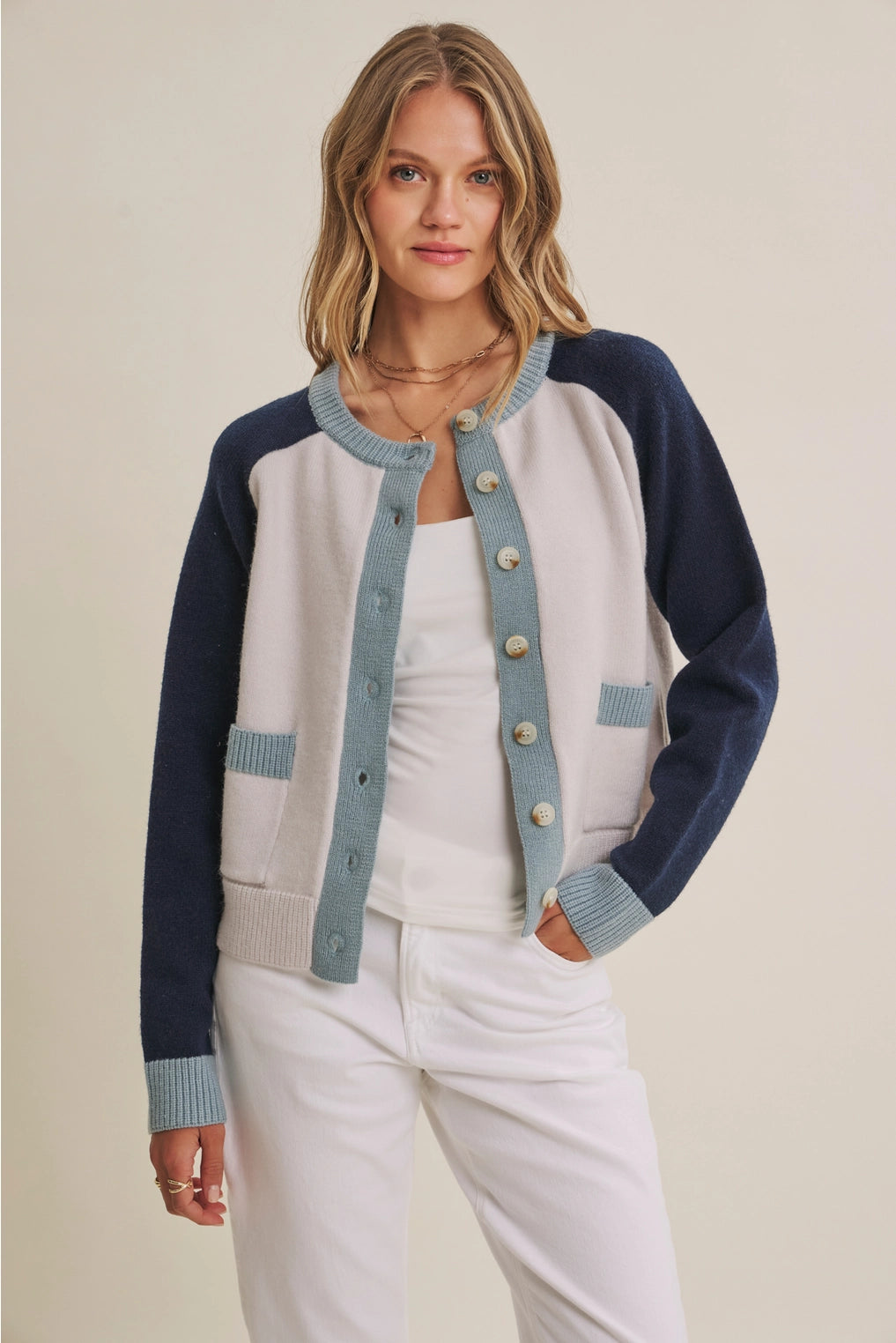 Morning Light Cafe Wool Blend Color Block Cardigan