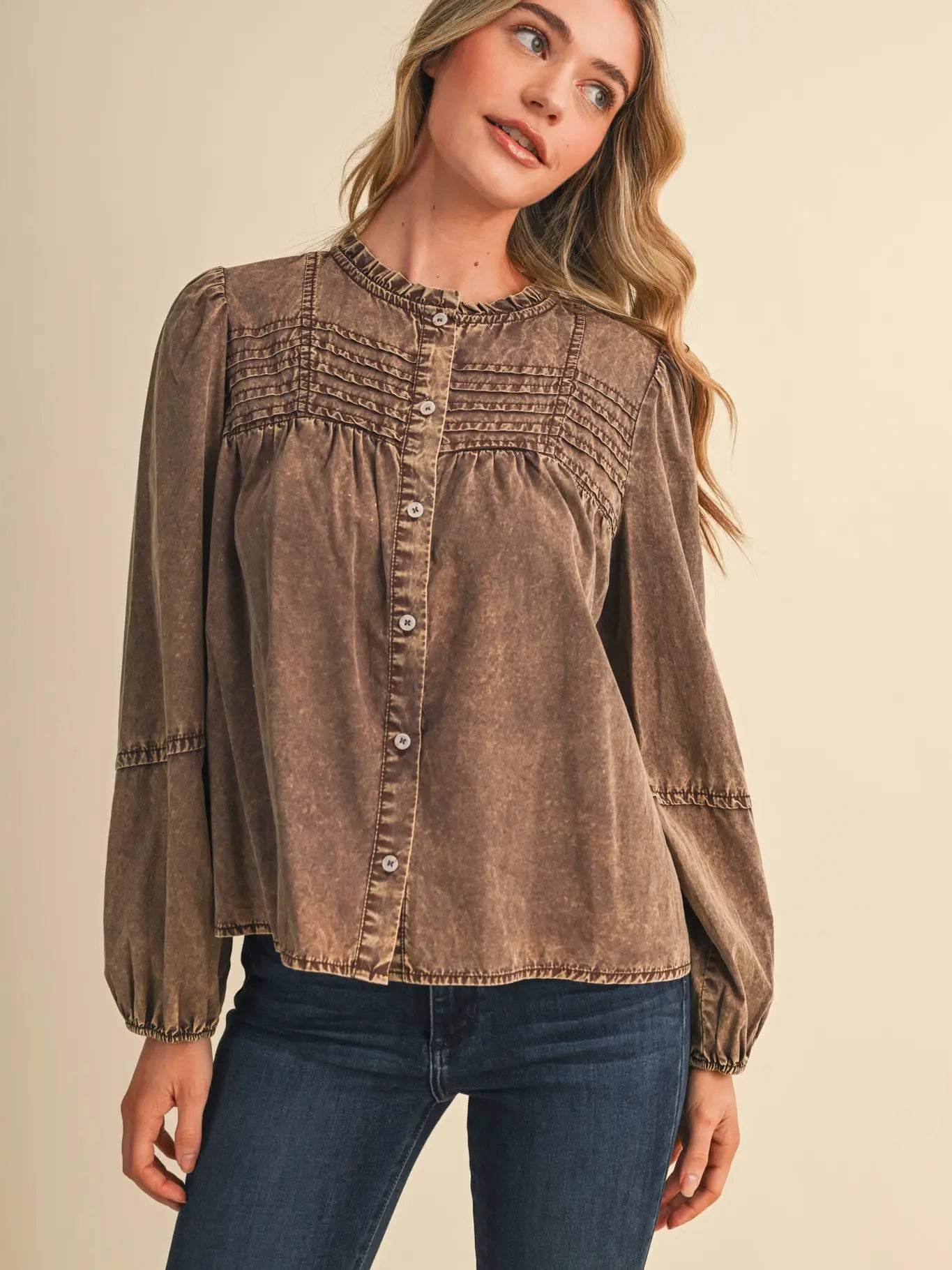 Washed Tencel Pin Tuck Button Up Top