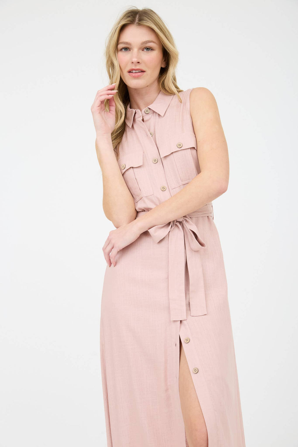 Collared Button Down Sleeveless Belted Midi Dress