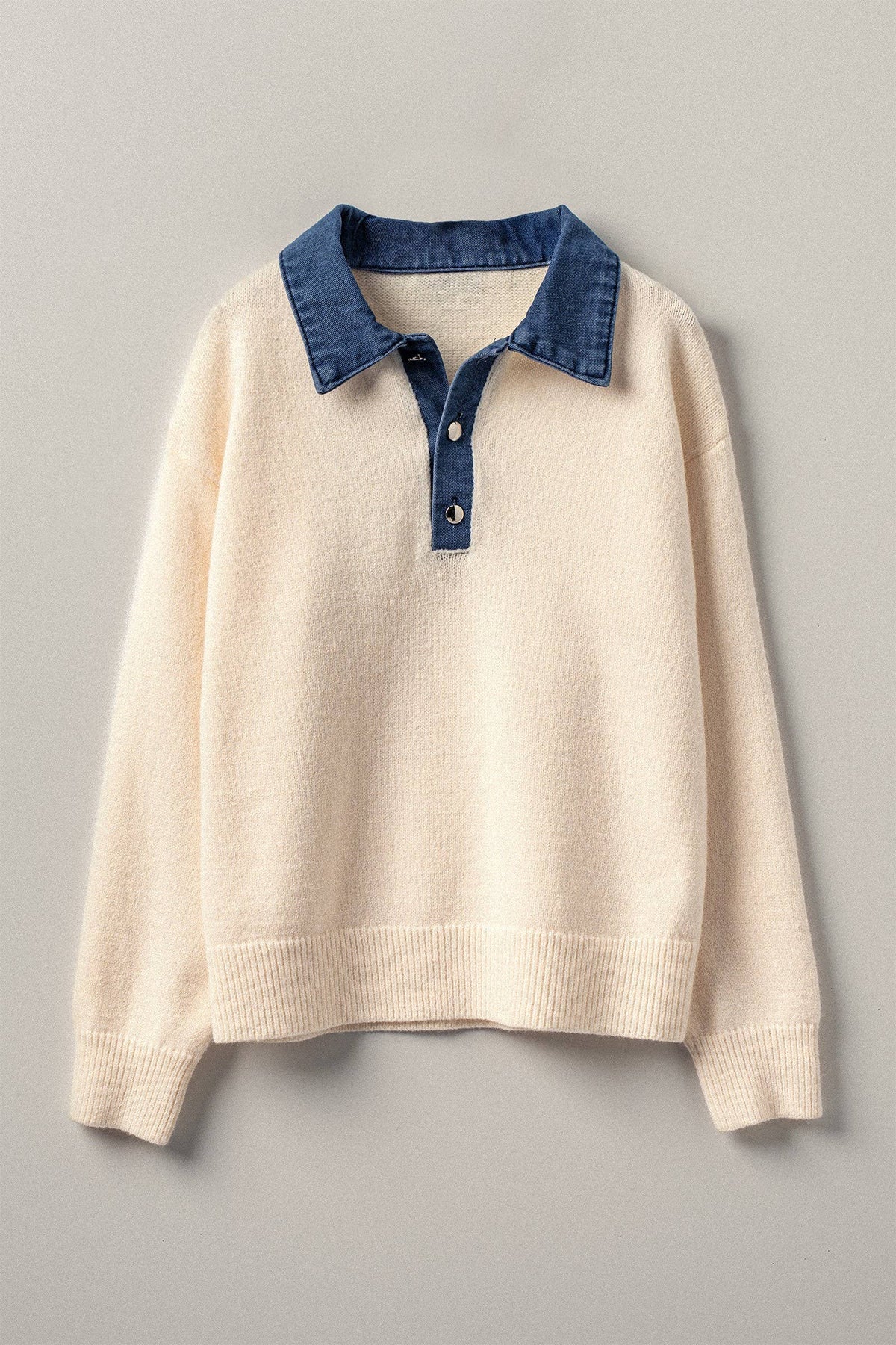 Denim Collar Contrast Button Knit Pullover