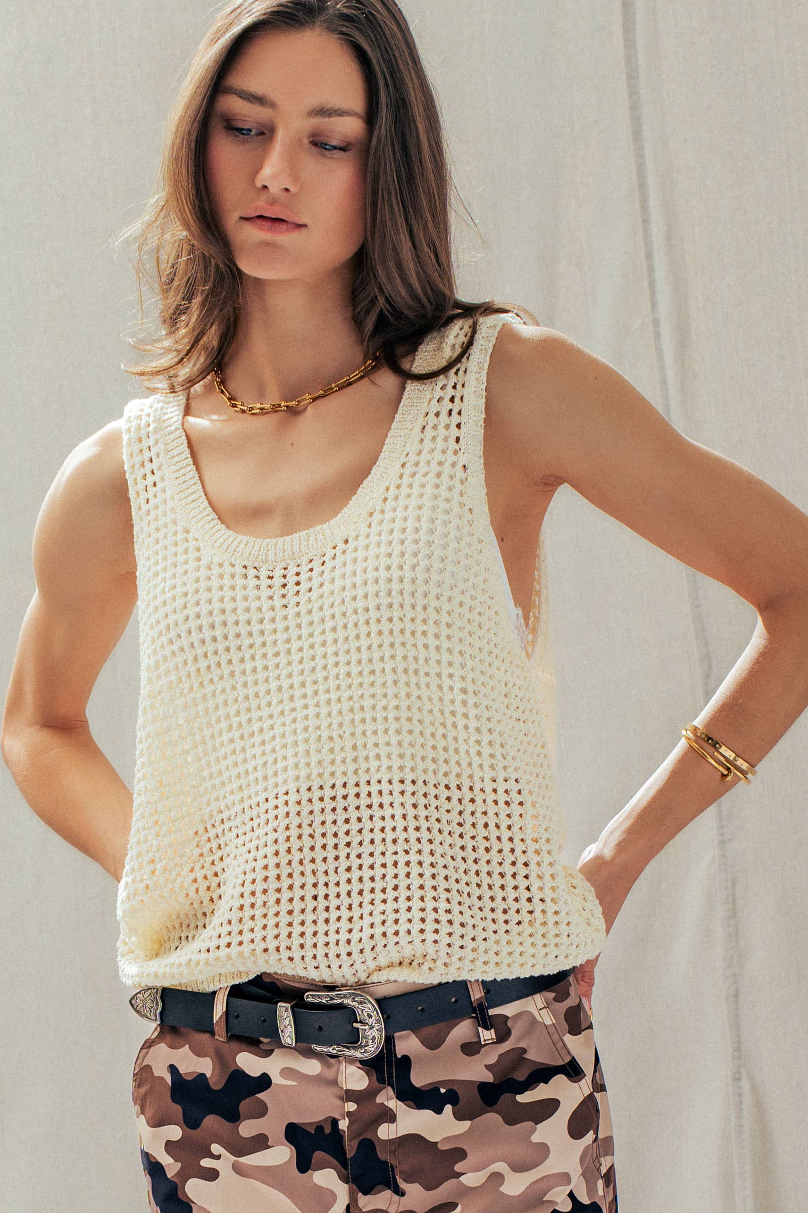 Open-Knit Sleeveless Sweater Tank