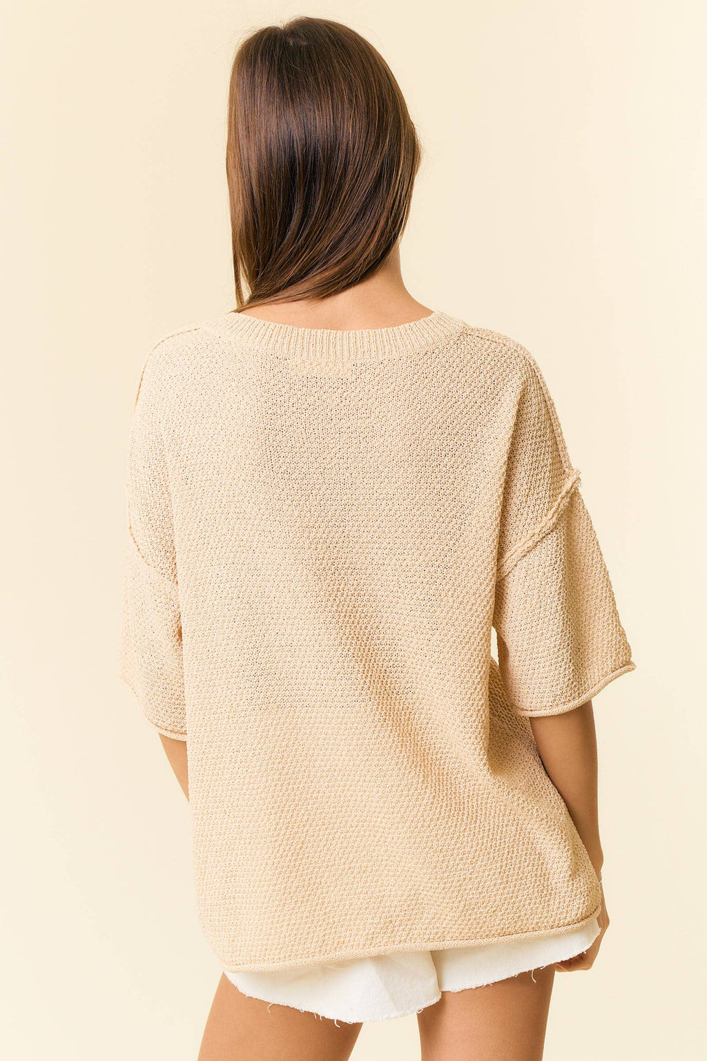 V-Neck Dropped Short Sleeve Exposed Seam Sweater