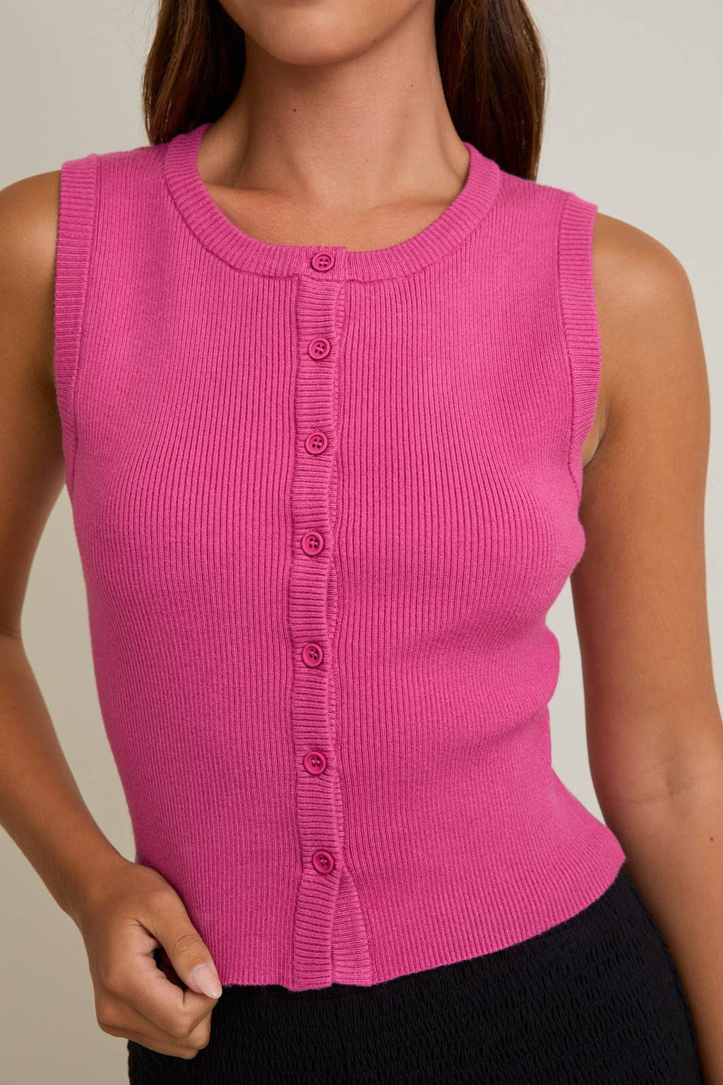 Sleeveless Round Neck Button Down Ribbed Sweater Top