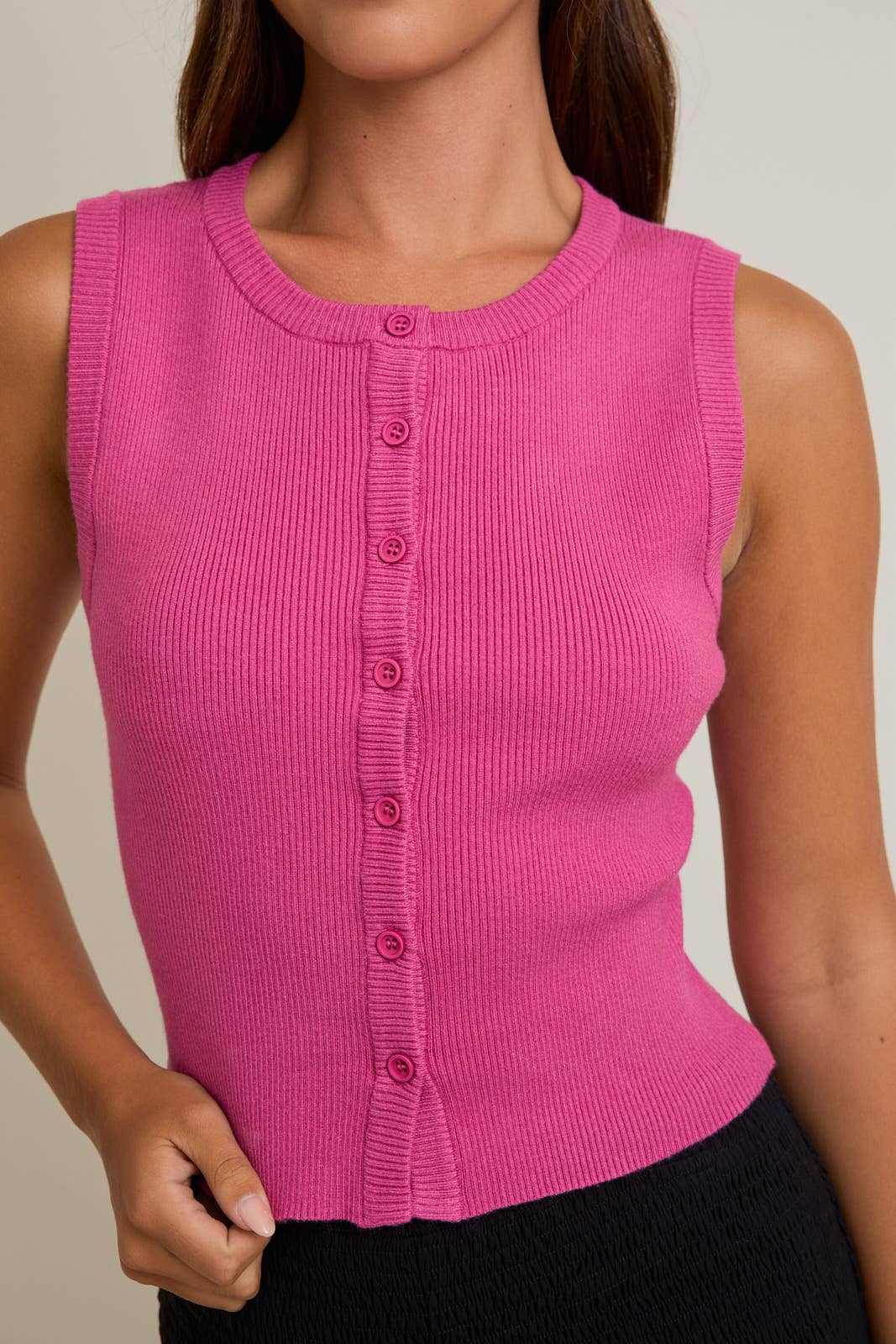 Sleeveless Round Neck Button Down Ribbed Sweater Top