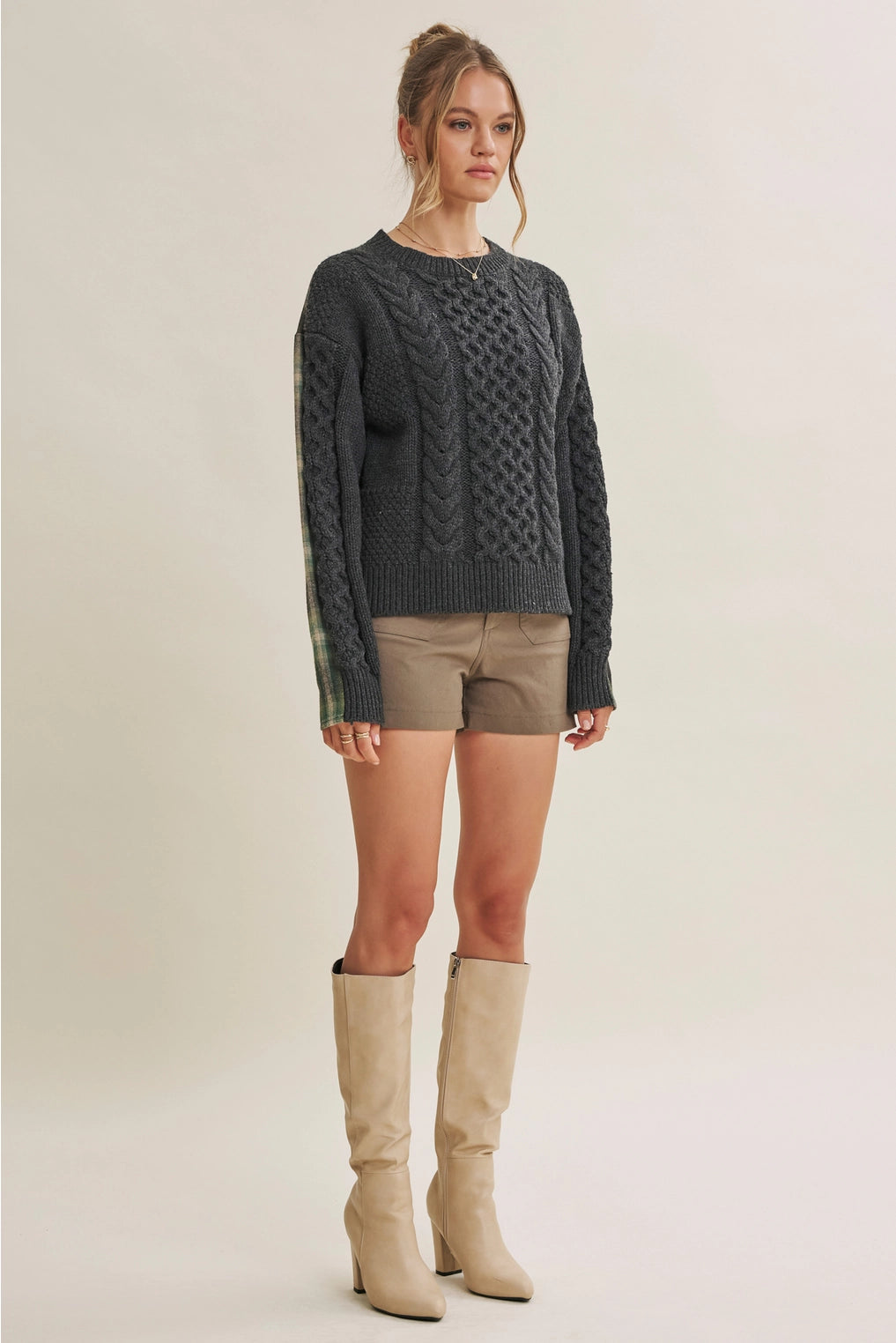 Woodland Plaid Back Cable Knit Sweater Top