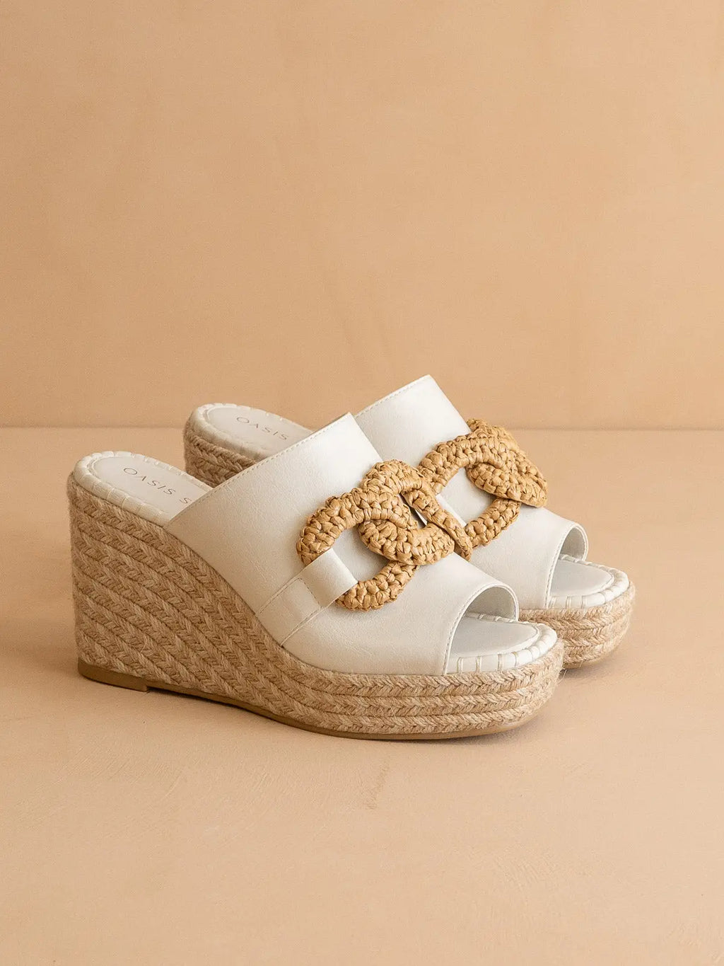 The Aime | White Wedge Slide with Raffia Detail