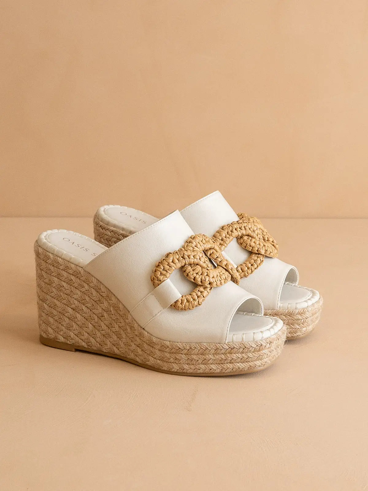 The Aime | White Wedge Slide with Raffia Detail