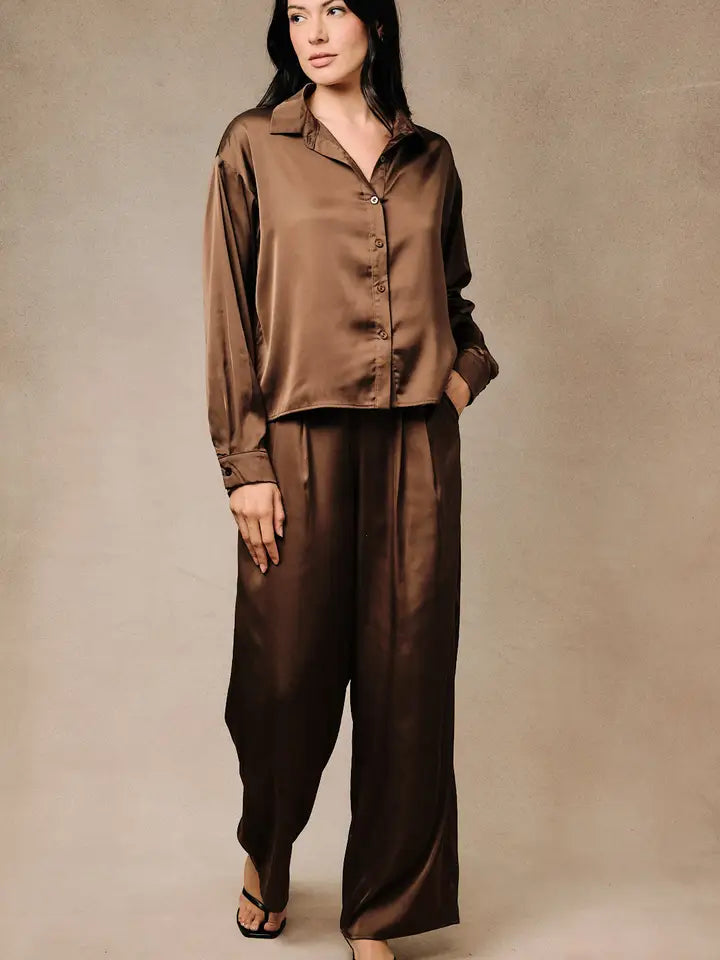 High Waist Satin Elastic Band Pleated Wide Leg Pants