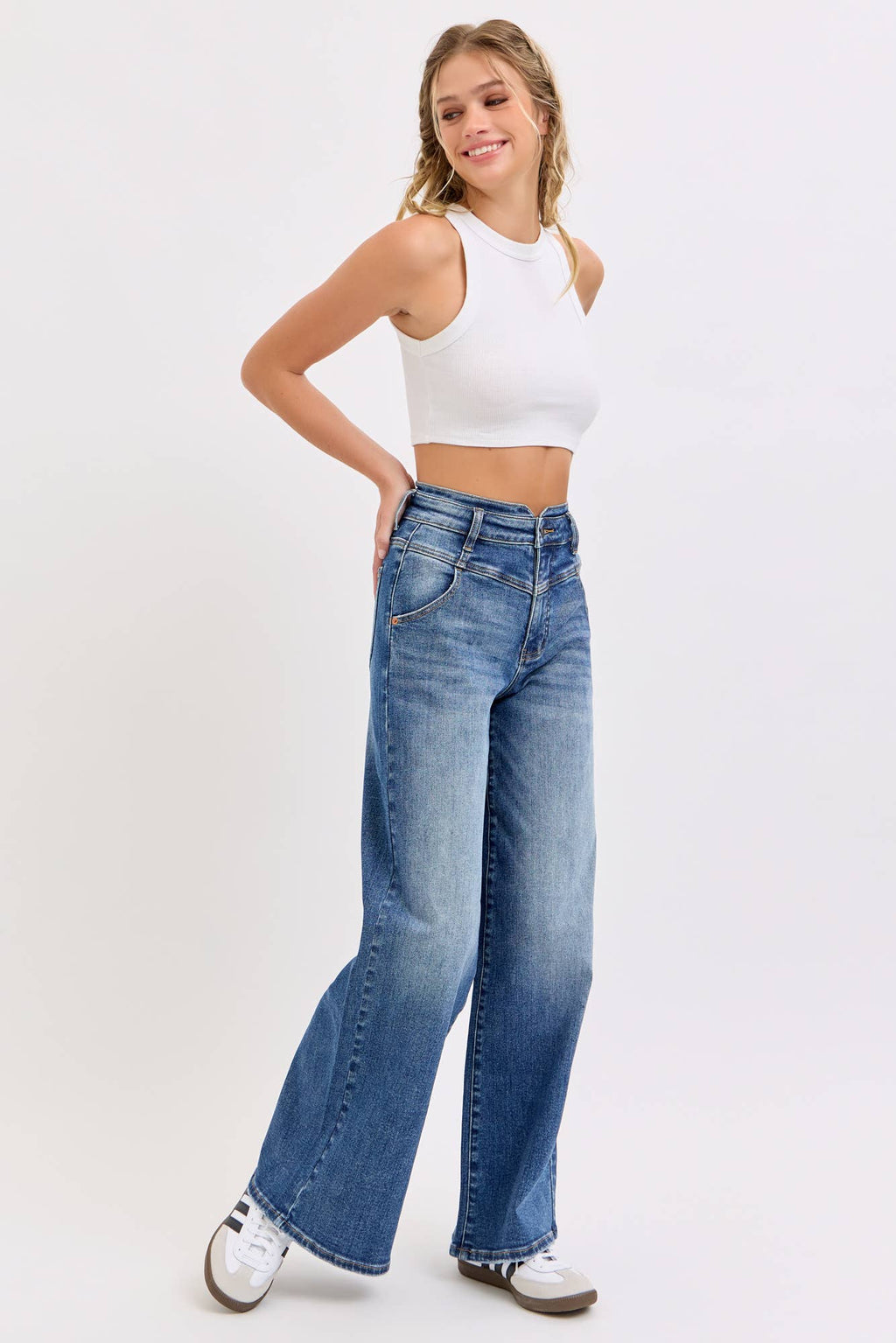 High Rise Wide Leg with V Shape Double Waist Band