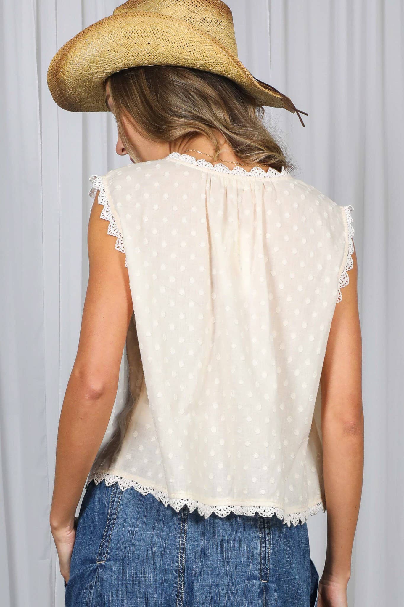 Lace Edge Sleeveless Swiss Dot Top