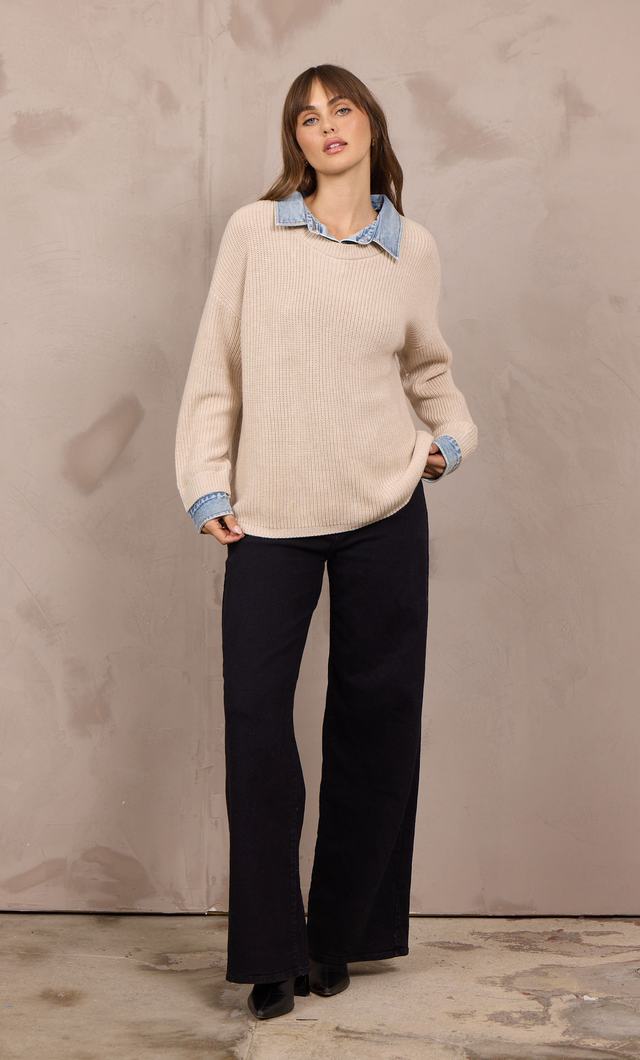 Taupe Sweater w/Denim Collar Cuff