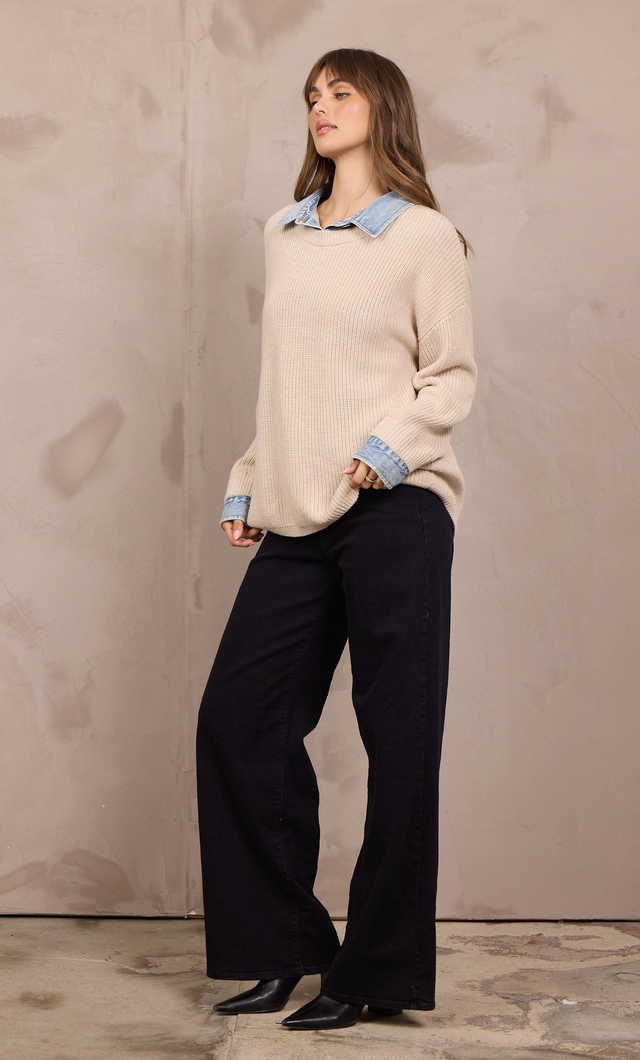 Taupe Sweater w/Denim Collar Cuff