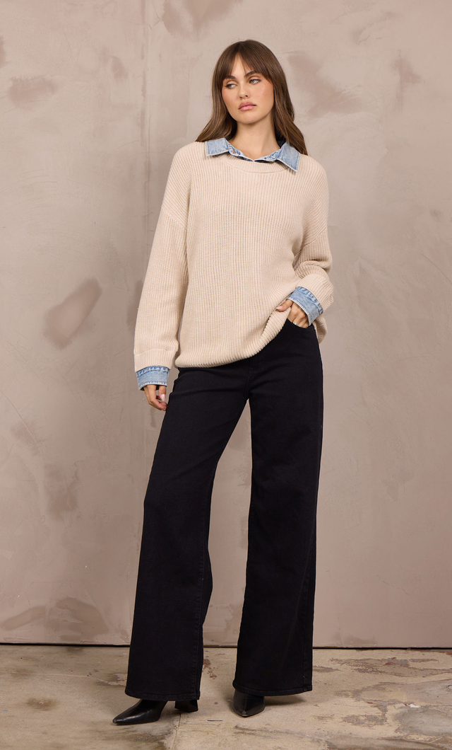 Taupe Sweater w/Denim Collar Cuff