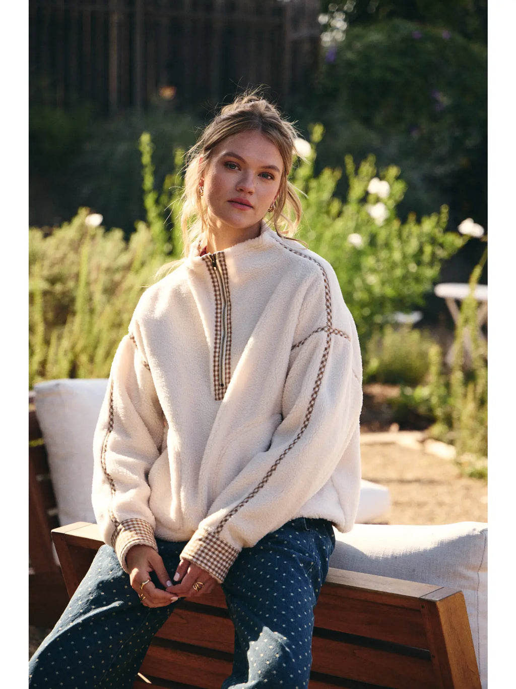 Gingham Trim Sherpa Half Zip