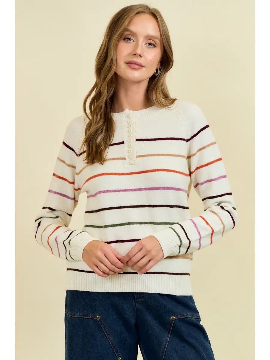 Stripe Button Neck Sweater