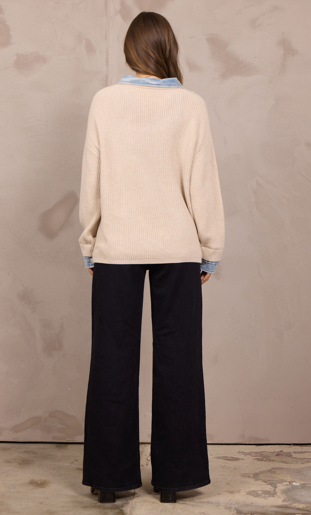 Taupe Sweater w/Denim Collar Cuff