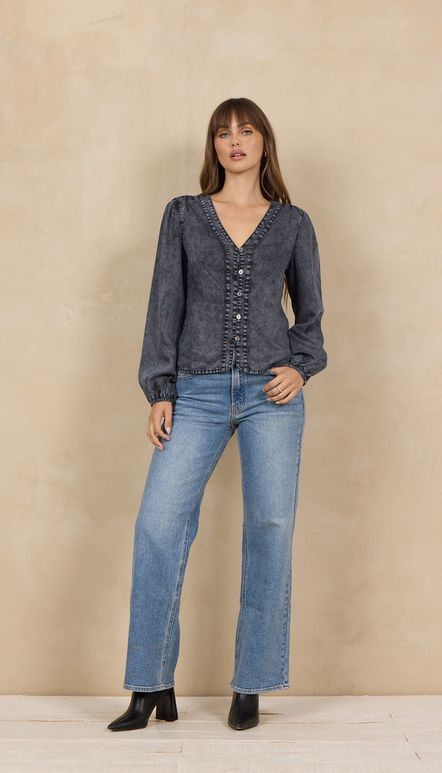 Black Tencel Button Top
